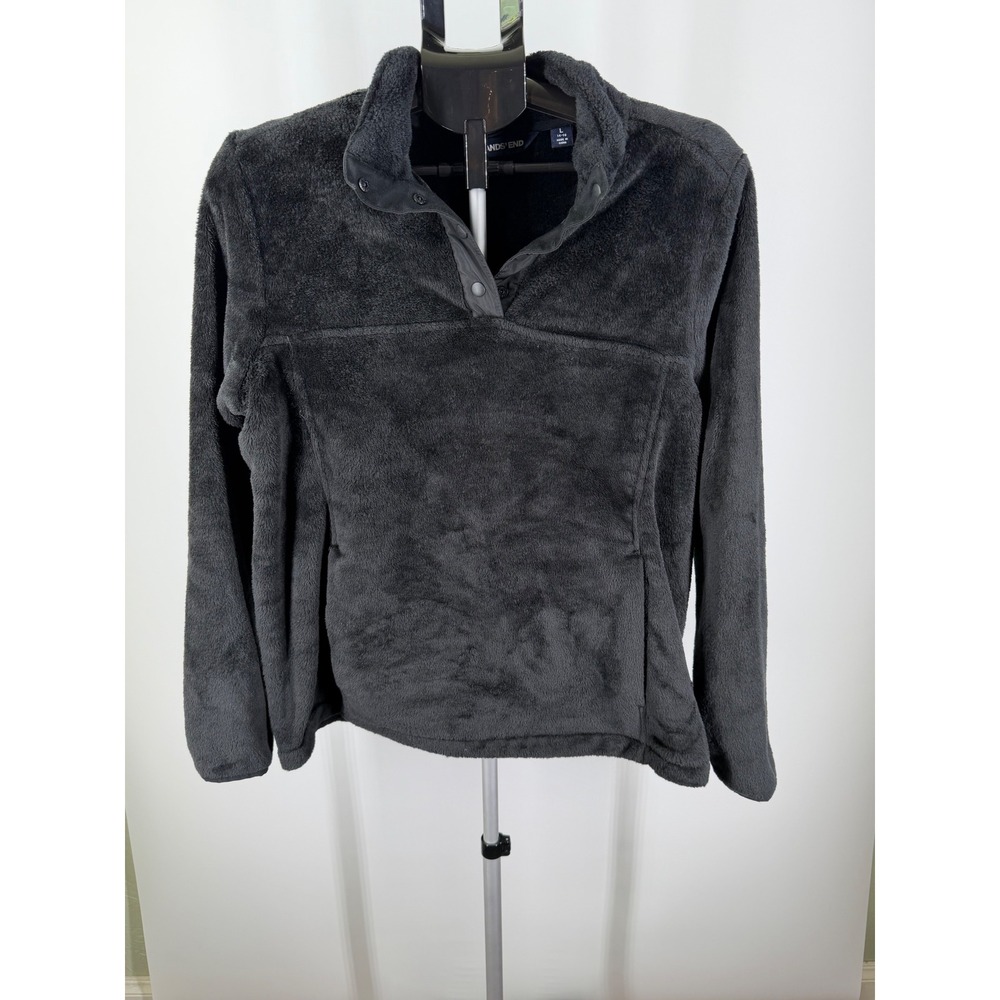 Lands End Womens Fleece Pullover Snap Neck Charcoal Gray Mock Neck Large 14-16